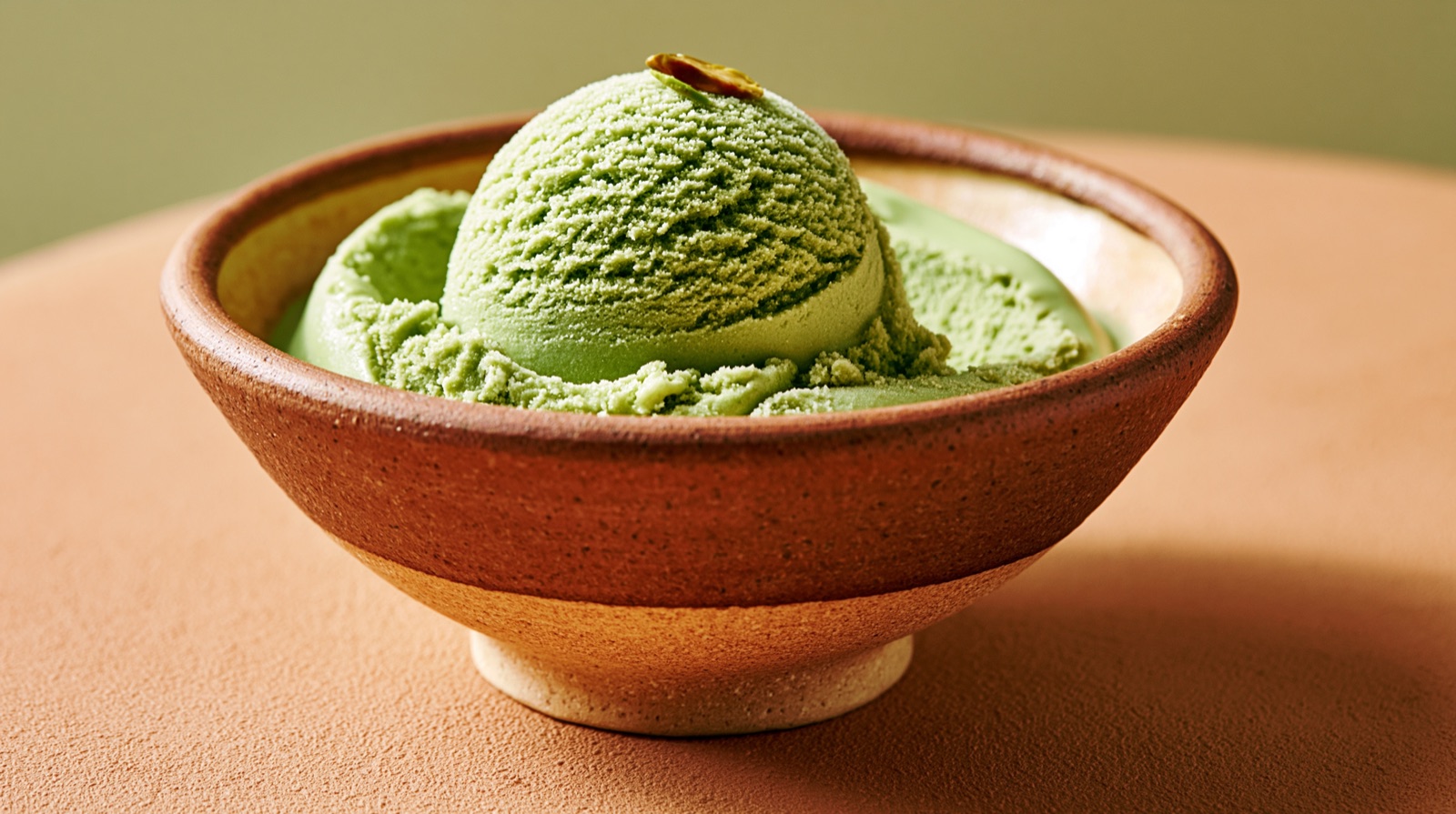 Kugel Pistazien-Gelato in einer Keramikschale auf Terracotta-Untergrund