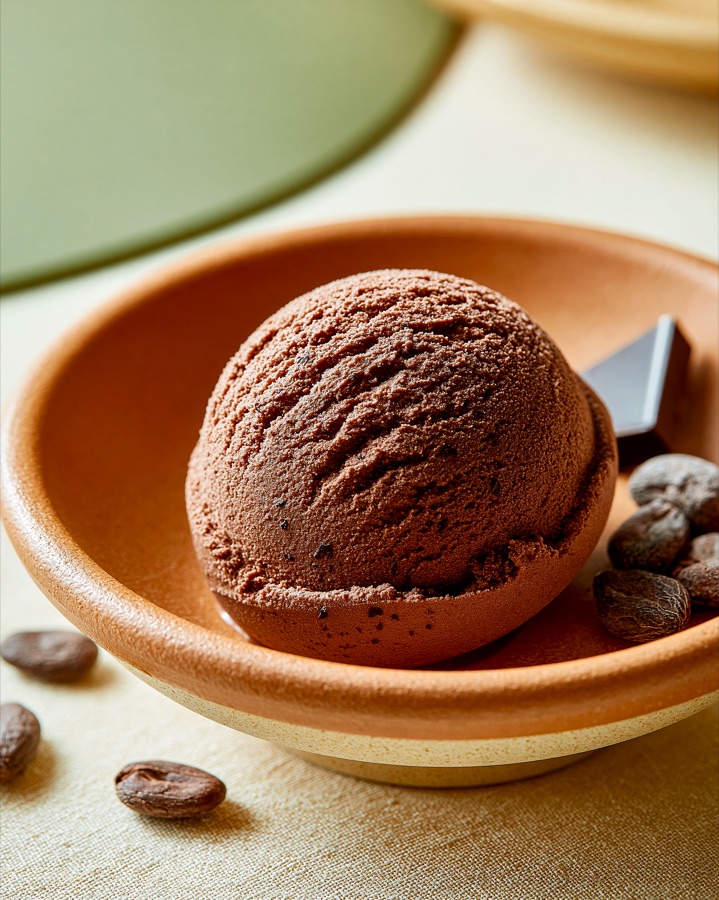 Makroaufnahme einer Kugel dunkles Schoko-Gelato mit Kakaonibs