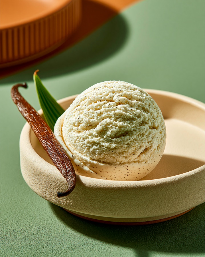 Makroaufnahme einer Kugel Vanille-Gelato mit ganzer Vanilleschote