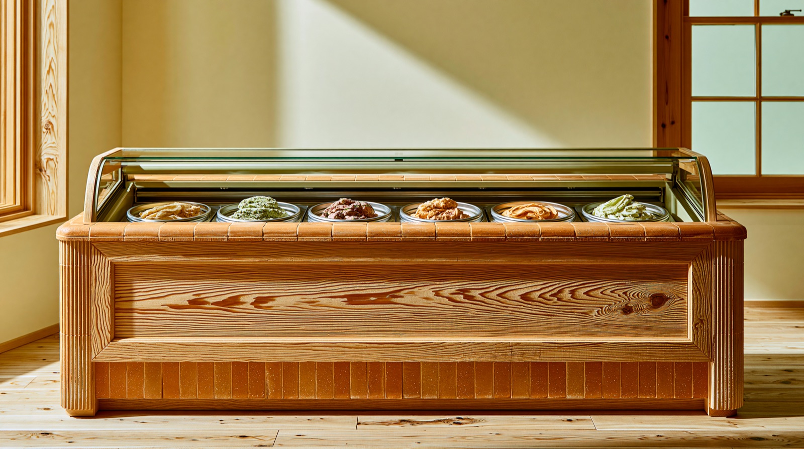 Innenraum des Ladenlokals mit Holztheke und Gelato-Vitrine im warmen Nachmittagslicht